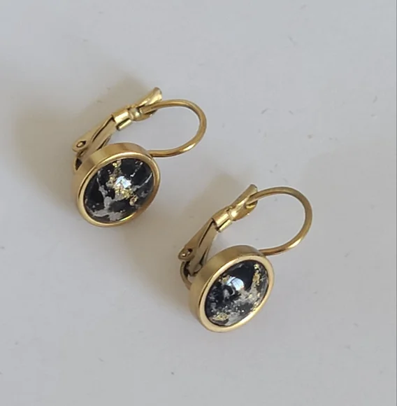 Elegant Hand Crafted Boho Black Gold Gemstone Marble Circle Drop Dangle Earrings - Picture 12 of 13
